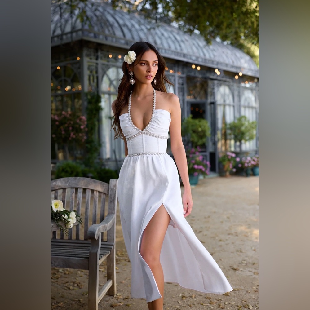 V. Chapman White Pearl-Trim Midi Halter Dress